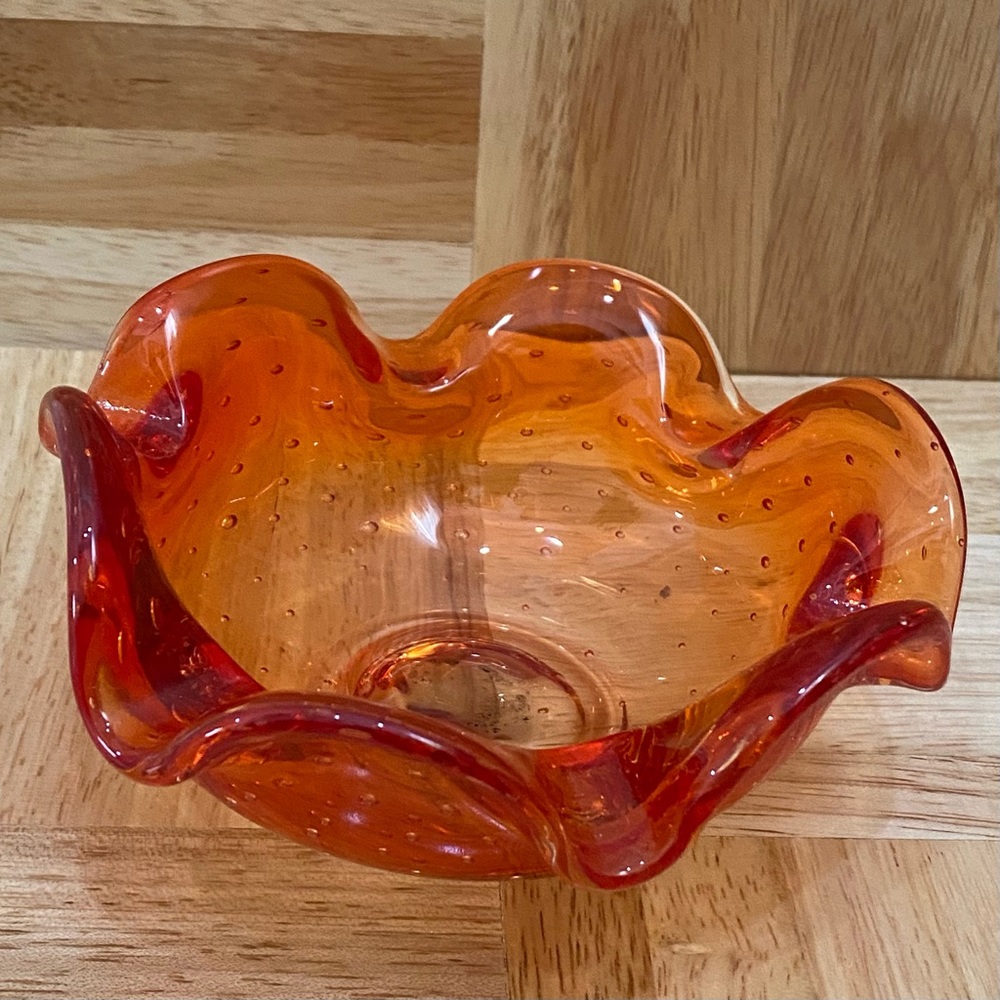 Murano Style Art Glass Controlled Bubble Bullicante Orange Ruffled Candy Dish